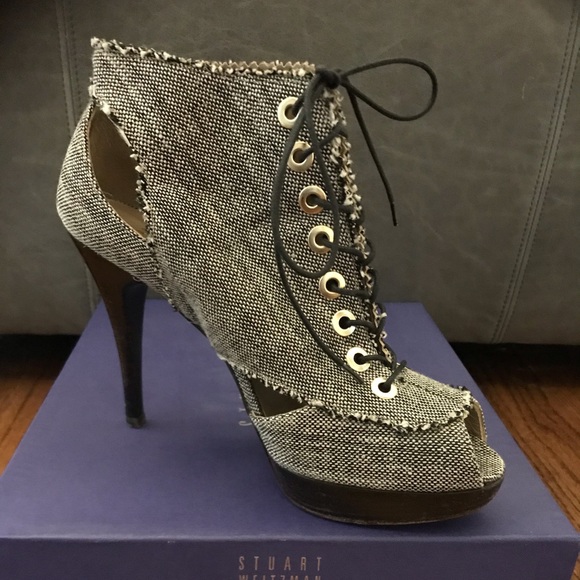 Stuart Weitzman Openshut Tweed Inca Linen Booties - Picture 1 of 5